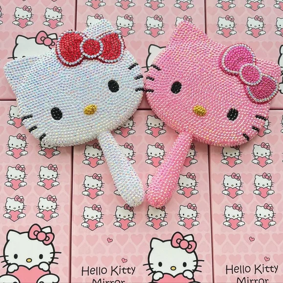 Hello Kitty Rhinestone Hand Mirror Classic With Red Bow Bewjeled Beauty Mirror - Picture 8 of 9